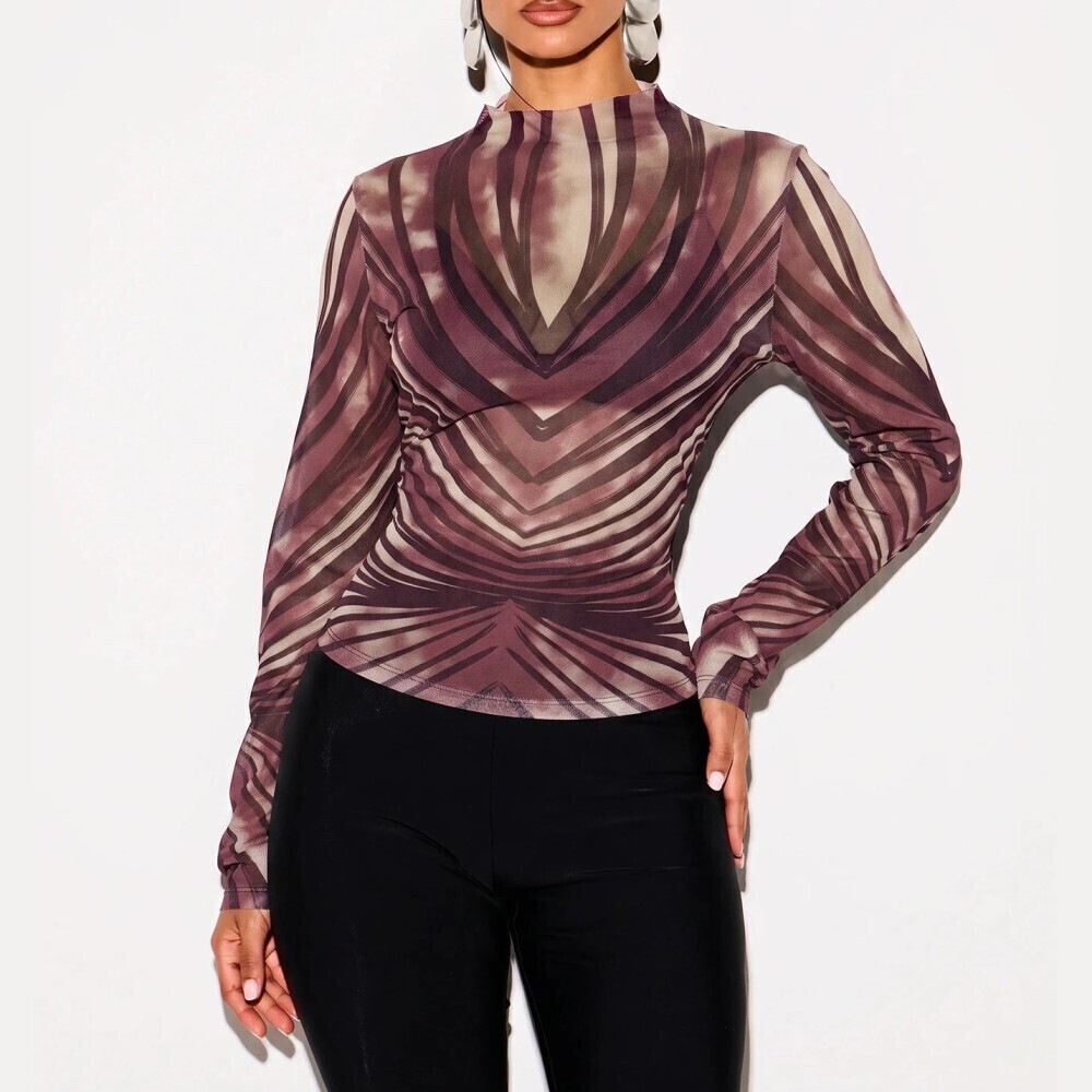 Brown Digital Abstract Print Ultra Sheer Mesh Stand Collar Long Sleeve Top